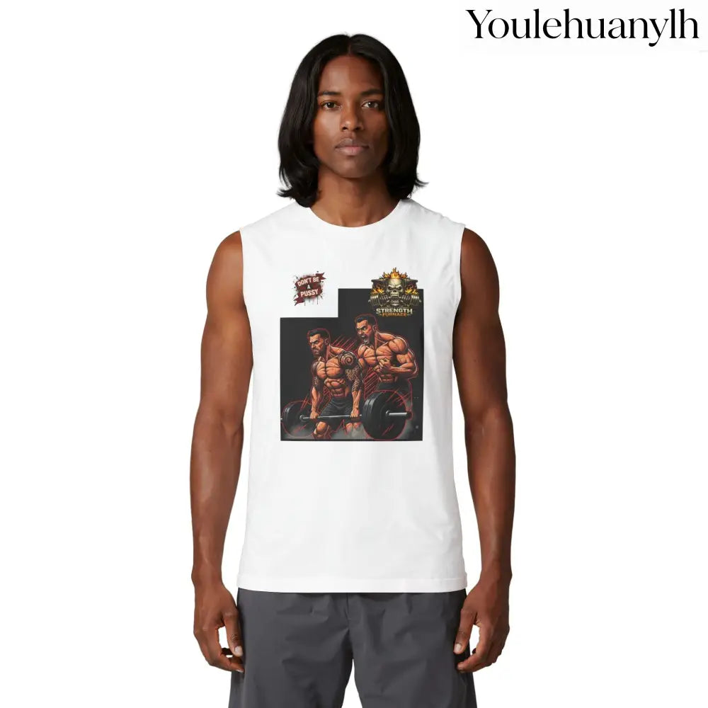 Don’t be a Pussy | But use a Spotter Graphic Muscle Tee - S / White - Tank Top