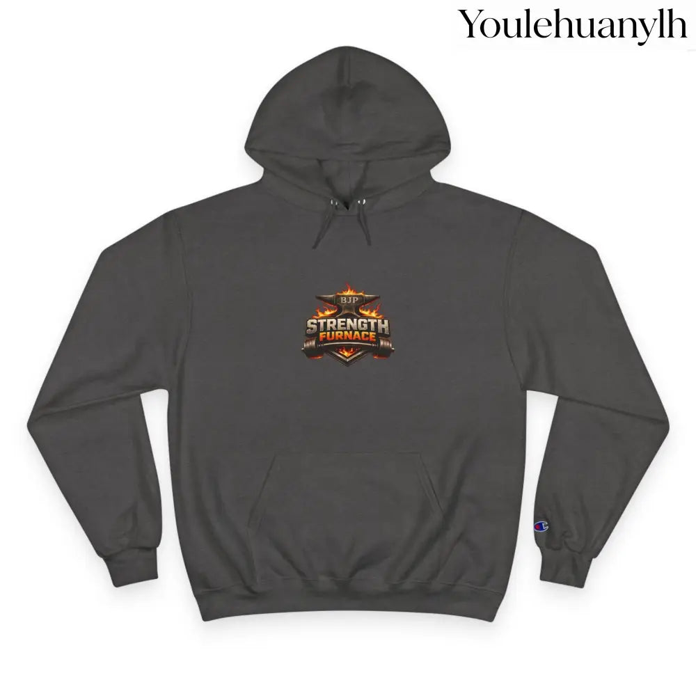 Strength Furnace Hoodie, Flaming Skull Barbell Gym Sweatshirt - Charcoal Heather / S - Hoodie