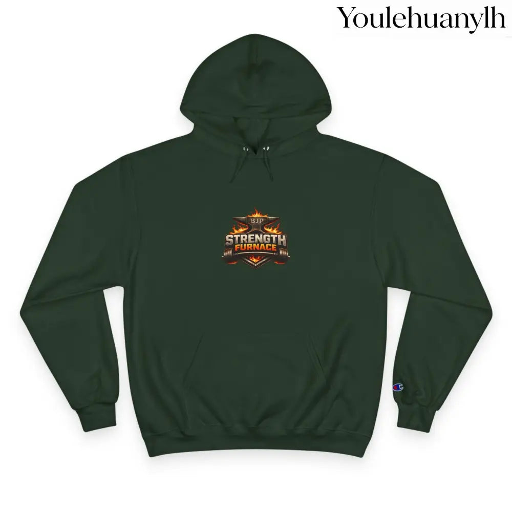 Strength Furnace Hoodie, Flaming Skull Barbell Gym Sweatshirt - Dark Green / S - Hoodie