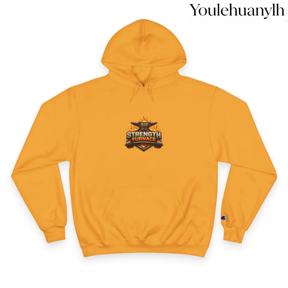 Strength Furnace Hoodie, Flaming Skull Barbell Gym Sweatshirt - Gold / S - Hoodie