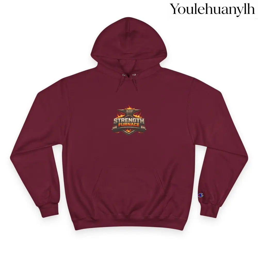 Strength Furnace Hoodie, Flaming Skull Barbell Gym Sweatshirt - Maroon / S - Hoodie