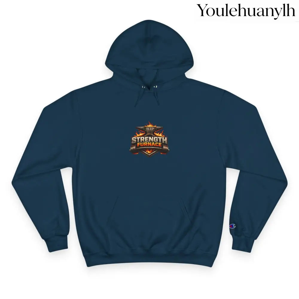 Strength Furnace Hoodie, Flaming Skull Barbell Gym Sweatshirt - Navy / S - Hoodie