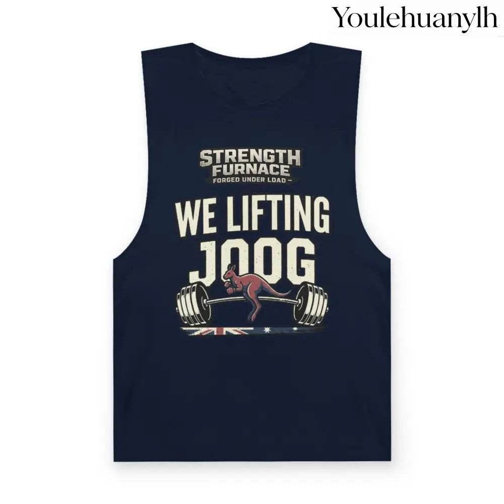 Strength Furnace ’We Lifting 100G’ Gym Tank Top, Skull & Barbell Workout Shirt - Navy / XS - Tank Top