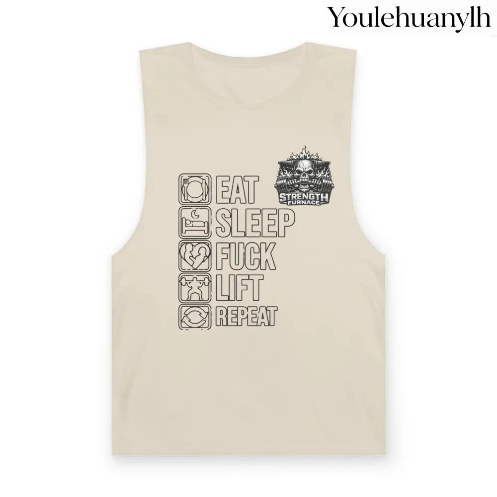 Workout Tank Top, ’Eat Sleep Fuck Lift Repeat’ Gym Muscle Tee - Ecru / XS - Tank Top