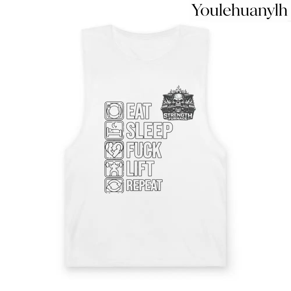 Workout Tank Top, ’Eat Sleep Fuck Lift Repeat’ Gym Muscle Tee - White / XS - Tank Top